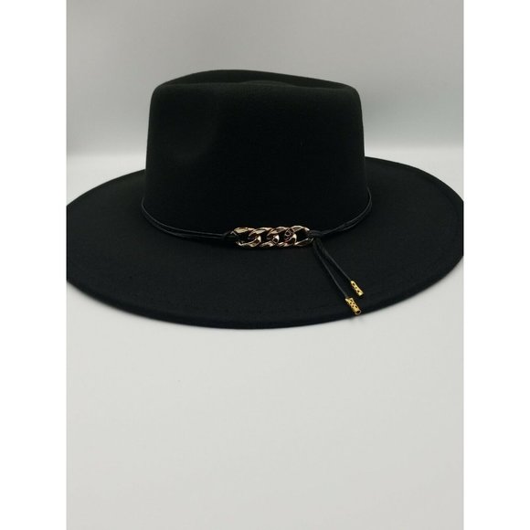 FEDOR LARGE BRIM FELT HAT BLACK WITH GOLD CURB CHAIN DETAILING SIZE M/L NWT - Picture 4 of 10